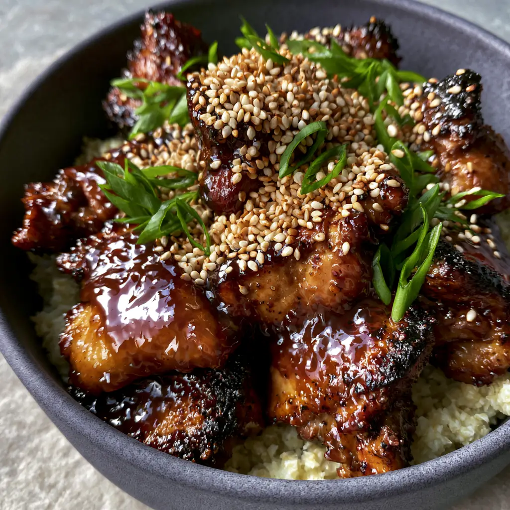 Bite-sized charred chicken thigh pieces heavily coated in a dark mahogany glaze (Paleo Chicken Teriyaki).