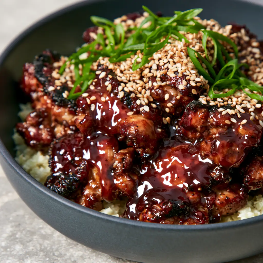 Reflective dark mahogany teriyaki sauce clinging to chicken chunks over cauliflower rice.