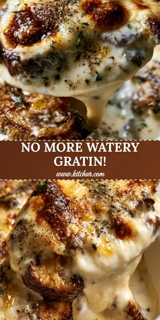 A close-up of a spoonful of creamy mushroom gratin being lifted from a white dish, showing bubbling Gruyere and a thick ivory sauce.