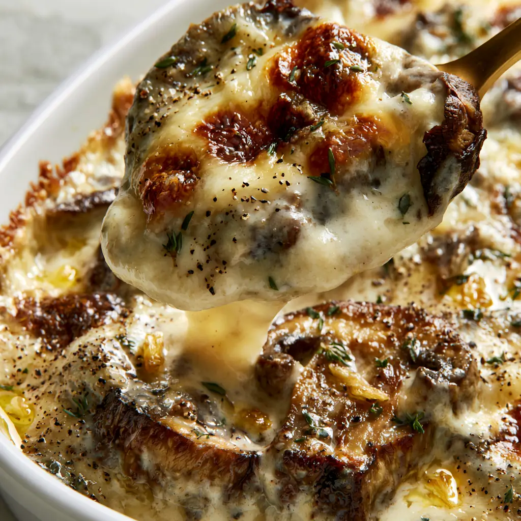 A macro eye-level shot of creamy mushroom gratin with seared cremini and porcini mushrooms and a toasted cheese crust.