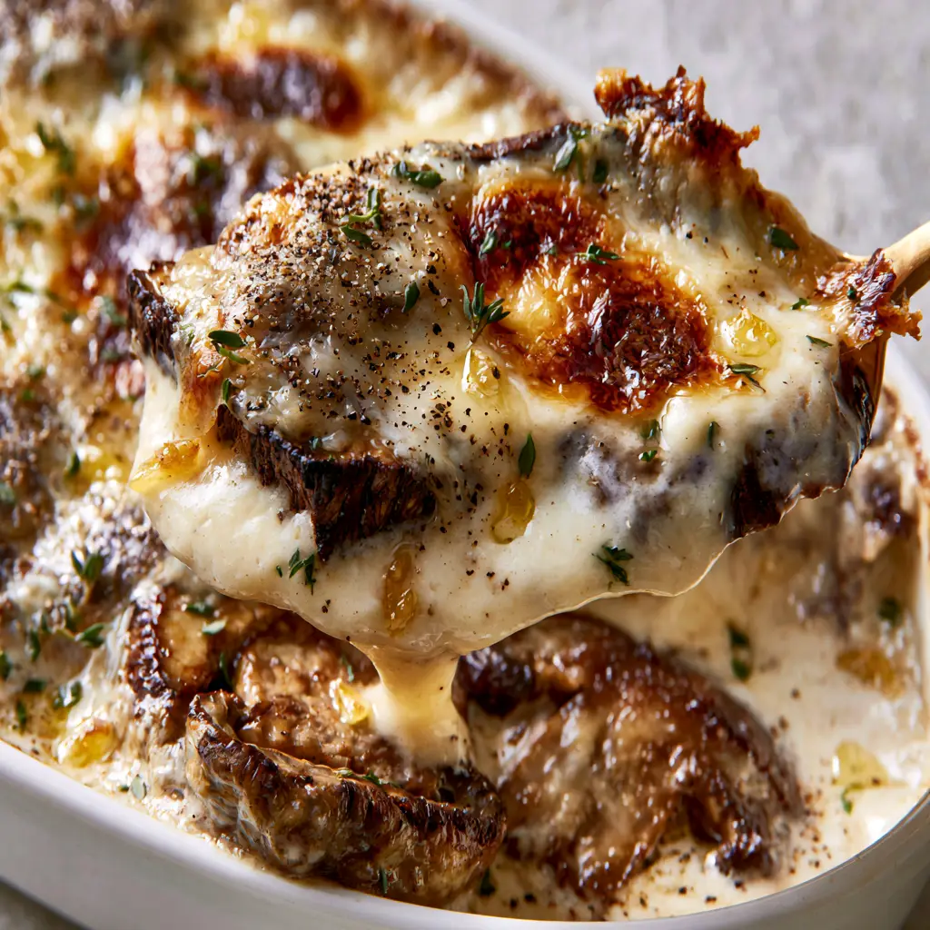 Detailed shot of the multi-toned bubbling Gruyere crust on the creamy mushroom gratin.