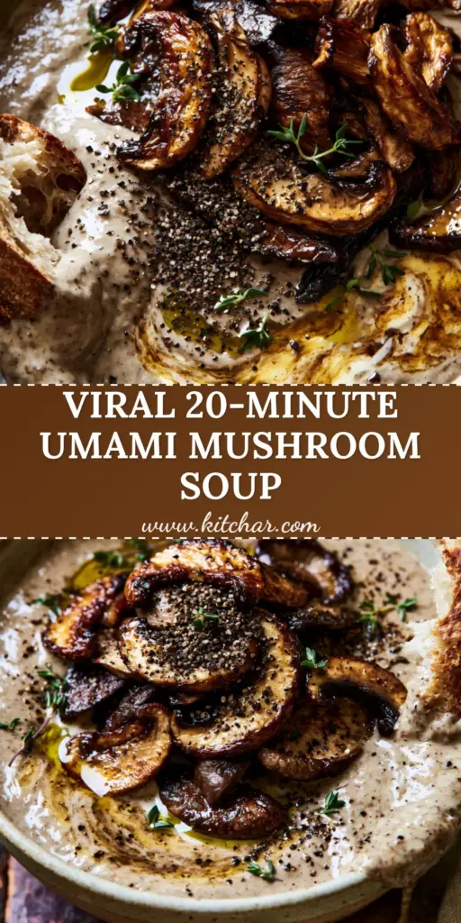 A deep ceramic bowl of velvety cream of mushroom soup with seared shiitake mushrooms and torn sourdough bread. (winter mushroom recipes)