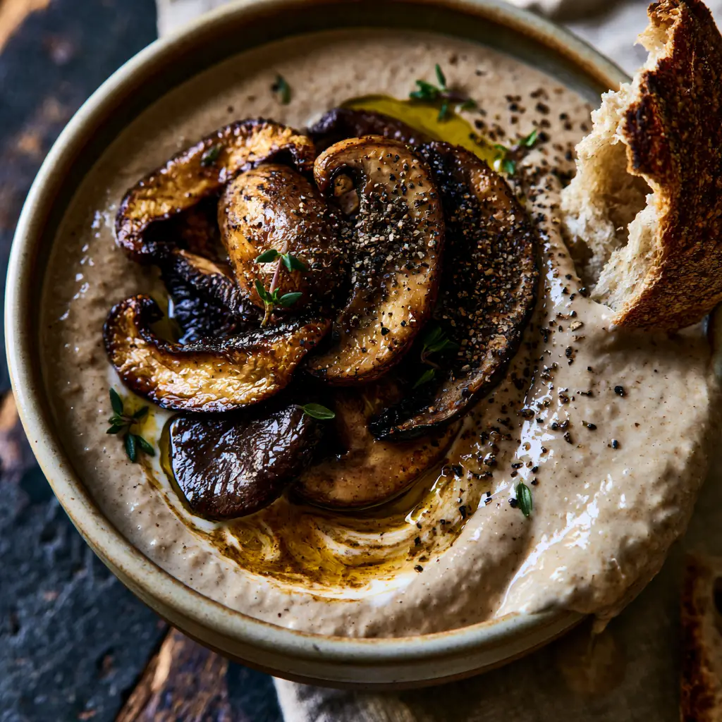 Top-down macro shot of thick velvety mushroom soup with heavy cream swirls and crisp seared mushrooms. (winter mushroom recipes)