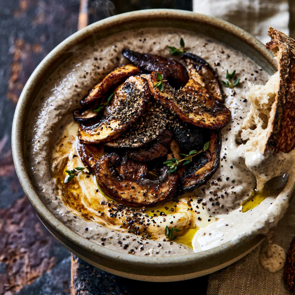 Macro detail of seared shiitake mushrooms with crisp edges on top of a creamy soup base. (winter mushroom recipes)