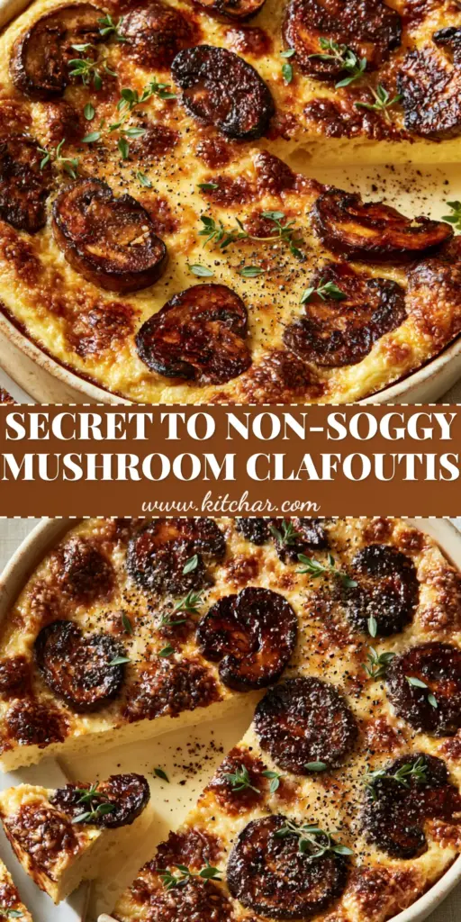 Mushroom and Parmesan Clafoutis: The Ultimate Savory Golden Custard 3 A top-down shot of a Mushroom and Parmesan Clafoutis in a rustic ceramic dish with a slice removed.