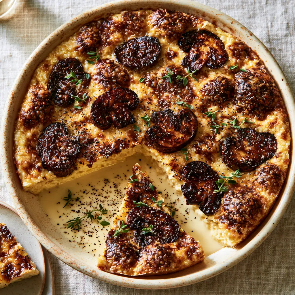 Mushroom and Parmesan Clafoutis: The Ultimate Savory Golden Custard 2 Detailed view of seared cremini mushrooms and bubbly toasted parmesan crust on a clafoutis.