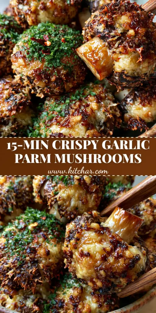 A heap of air-fried Parmesan mushrooms in a rustic bowl with wooden tongs, showing a crispy cheese crust and fresh parsley. (Parmesan mushrooms)
