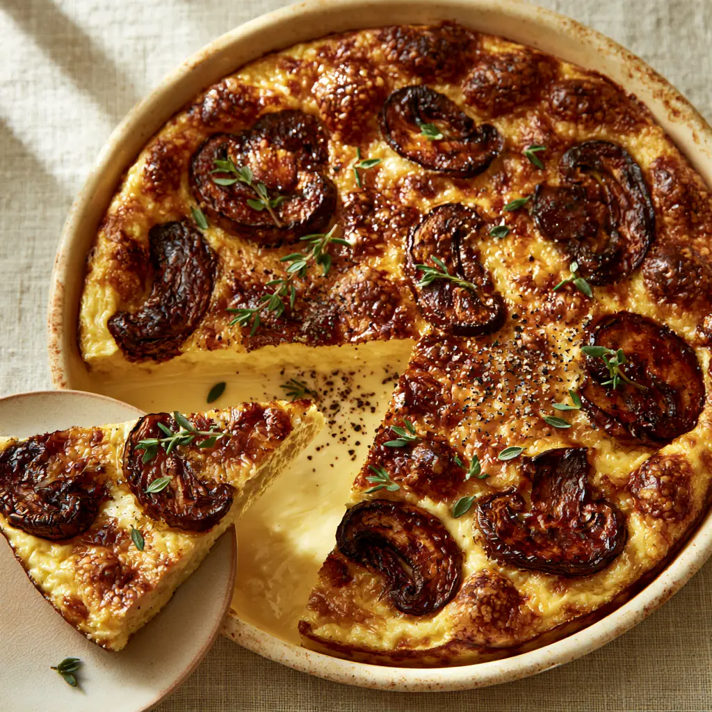 Mushroom and Parmesan Clafoutis: The Ultimate Savory Golden Custard 1 A slice of Mushroom and Parmesan Clafoutis showing a firm silky pale yellow custard interior.