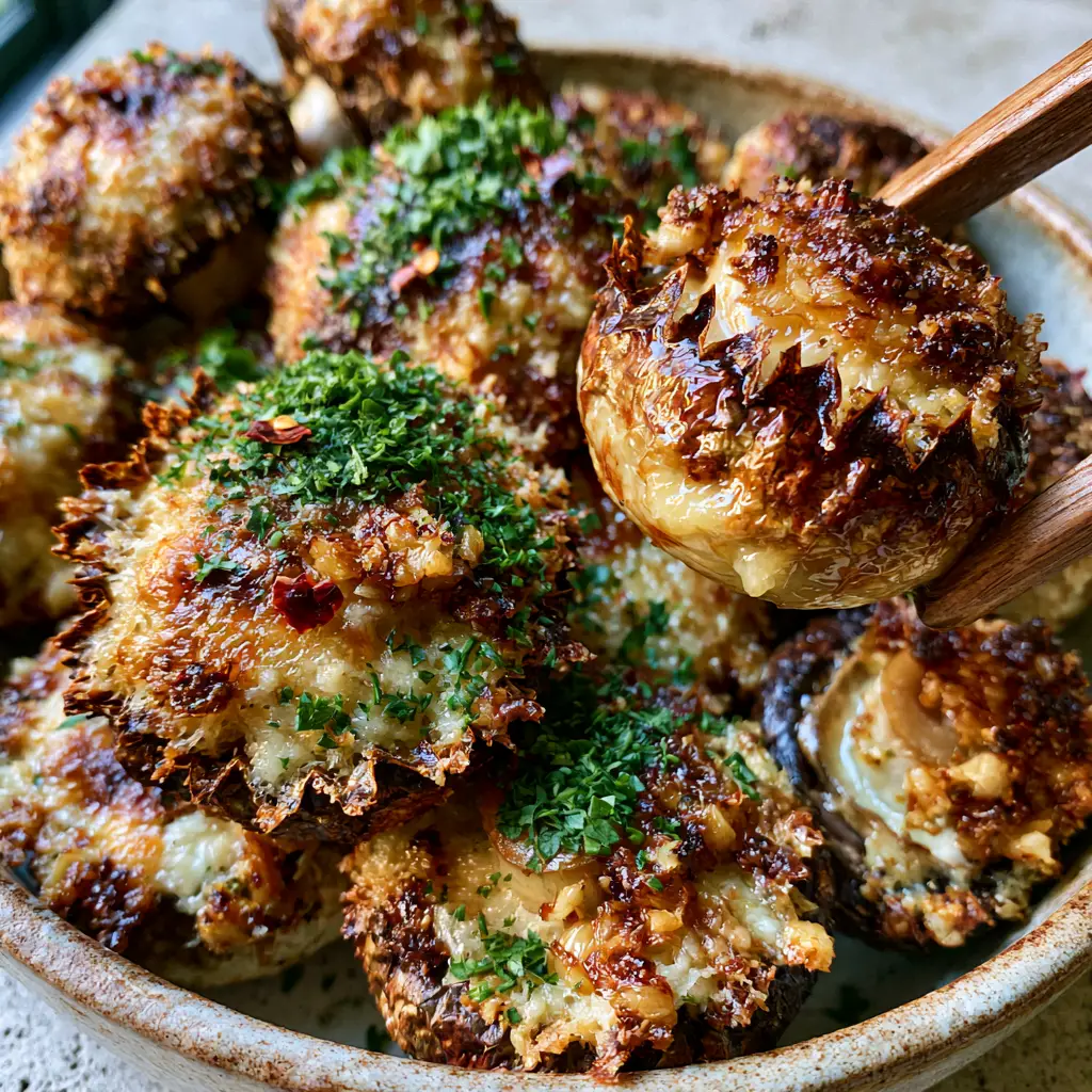 A wooden tong holding a single glistening Parmesan mushroom over a rustic bowl, highlighting the butter glaze. (Parmesan mushrooms)