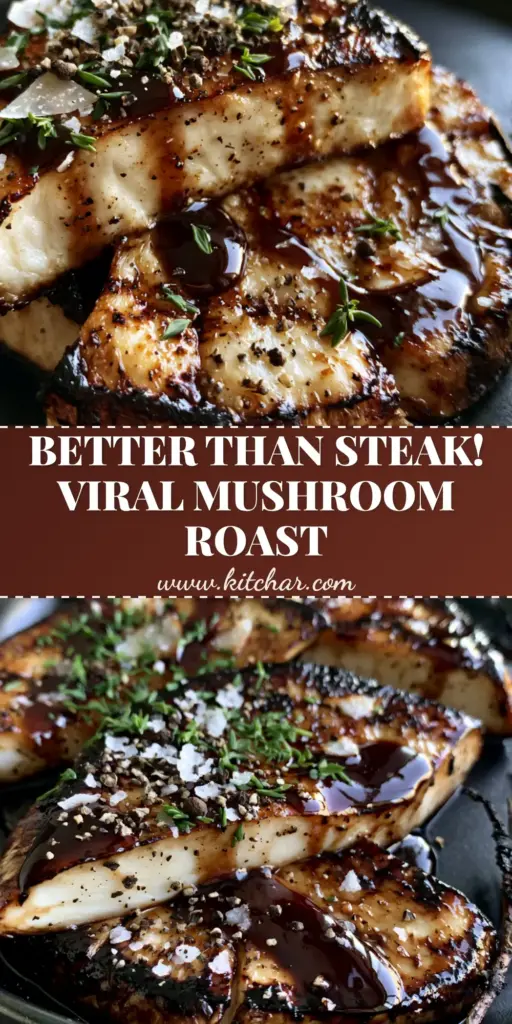 Thick-sliced pan-seared King Oyster mushroom steaks with a glossy balsamic reduction and fried garlic on a black plate. (January mushroom recipes)
