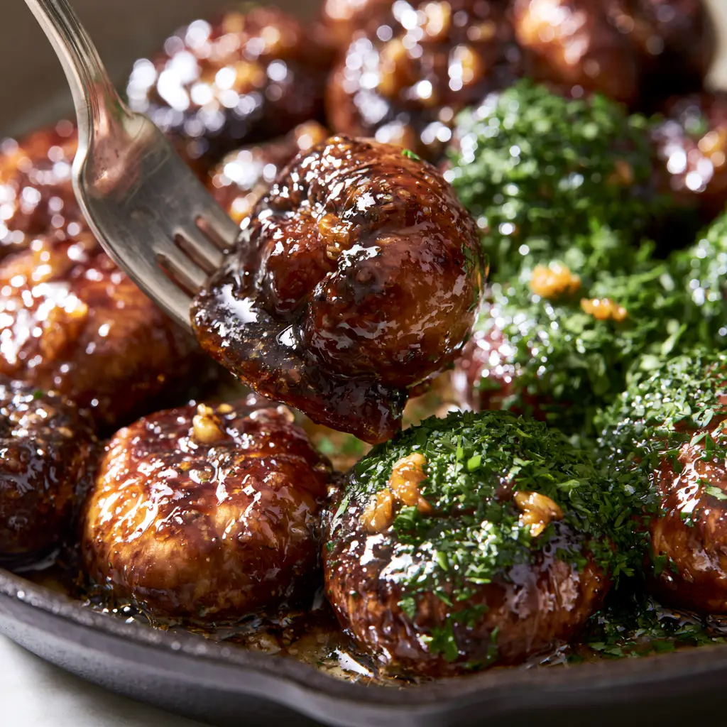Texas Roadhouse Mushroom Recipe: The Ultimate Garlic Butter Steakhouse Side 2 Extreme macro close-up of seared cremini mushrooms with a thick savory sauce trail. (Texas Roadhouse mushroom recipe)