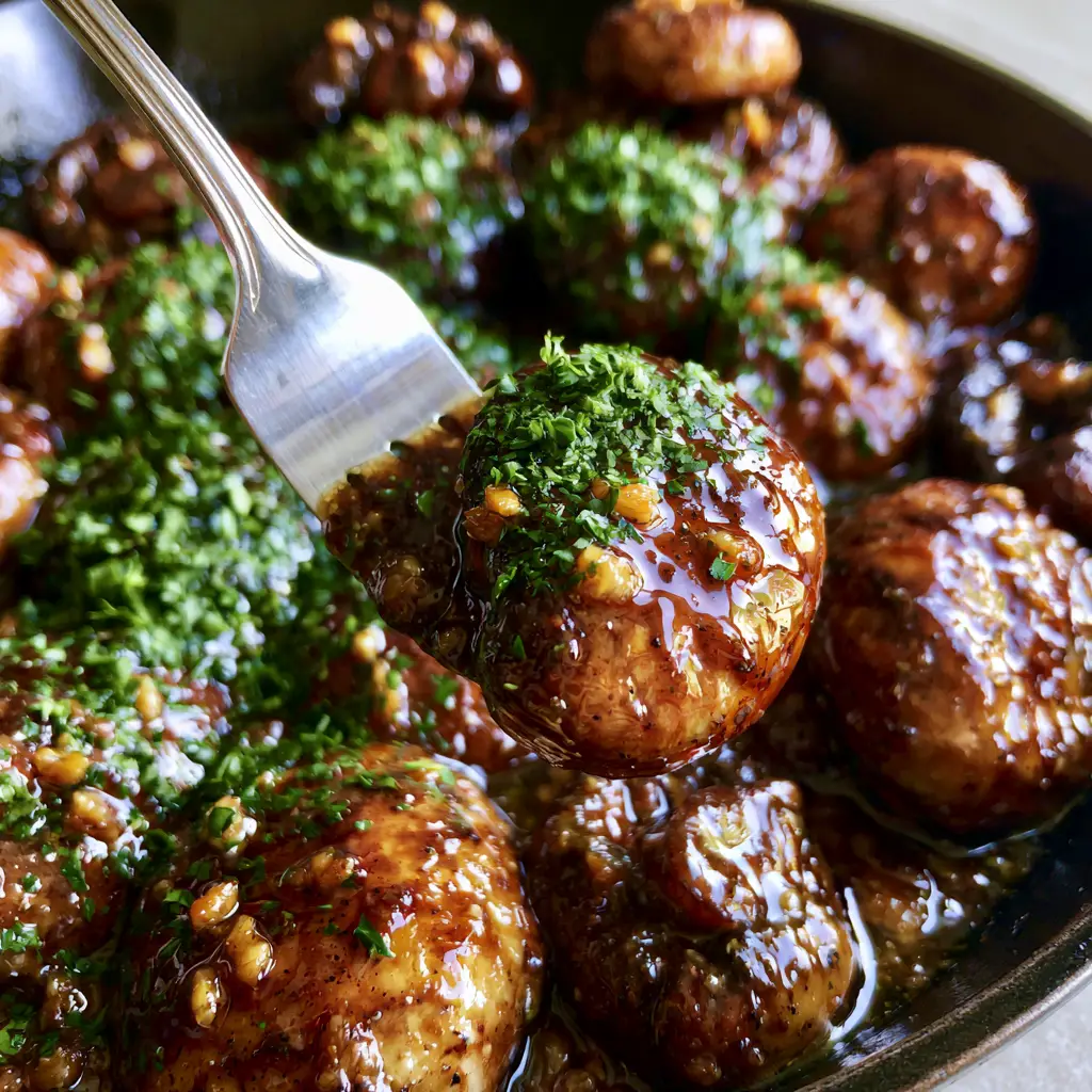 Texas Roadhouse Mushroom Recipe: The Ultimate Garlic Butter Steakhouse Side 1 Succulent sautéed mushrooms being lifted with a silver fork, showing a glossy garlic butter coating.
