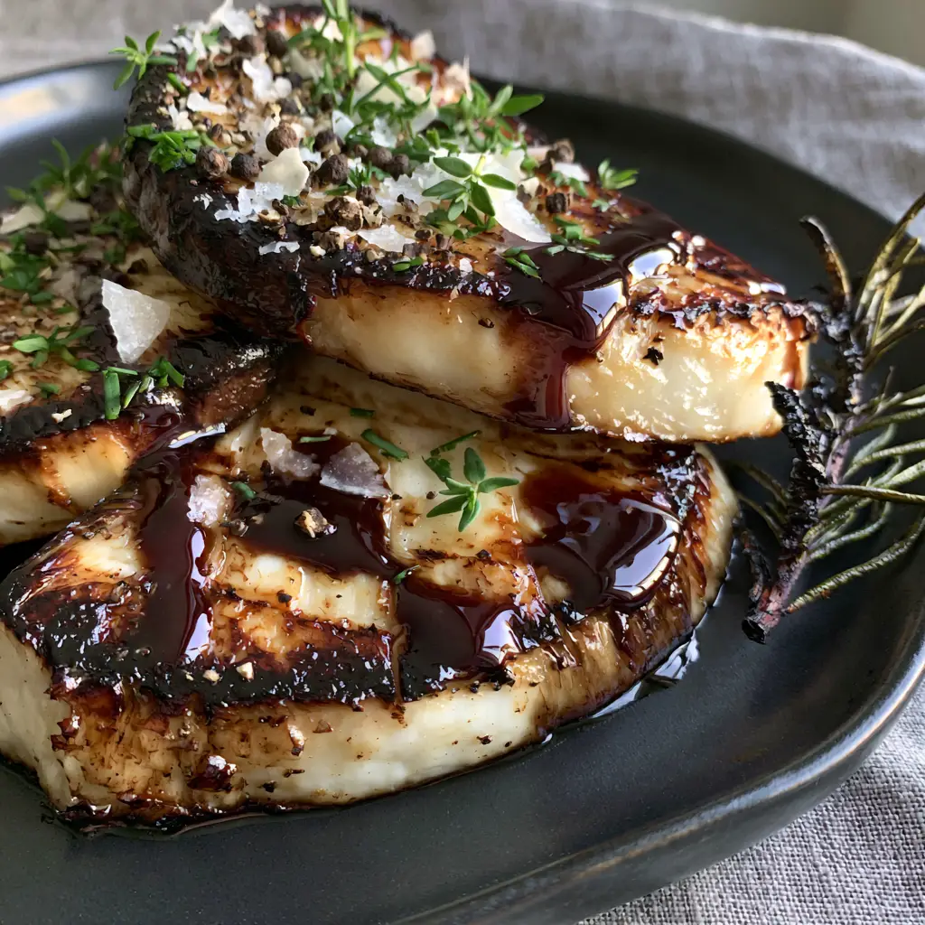 Close-up of glossy balsamic reduction drizzled over seared mushroom slices with fresh thyme and flaky salt.