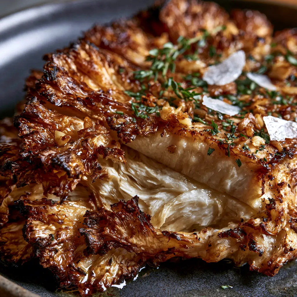 Maitake Mushroom Recipes: The Ultimate Pan-Seared Garlic Butter Steak 1 Cross-section of a cooked maitake mushroom showing a meaty succulent white interior and charred exterior.