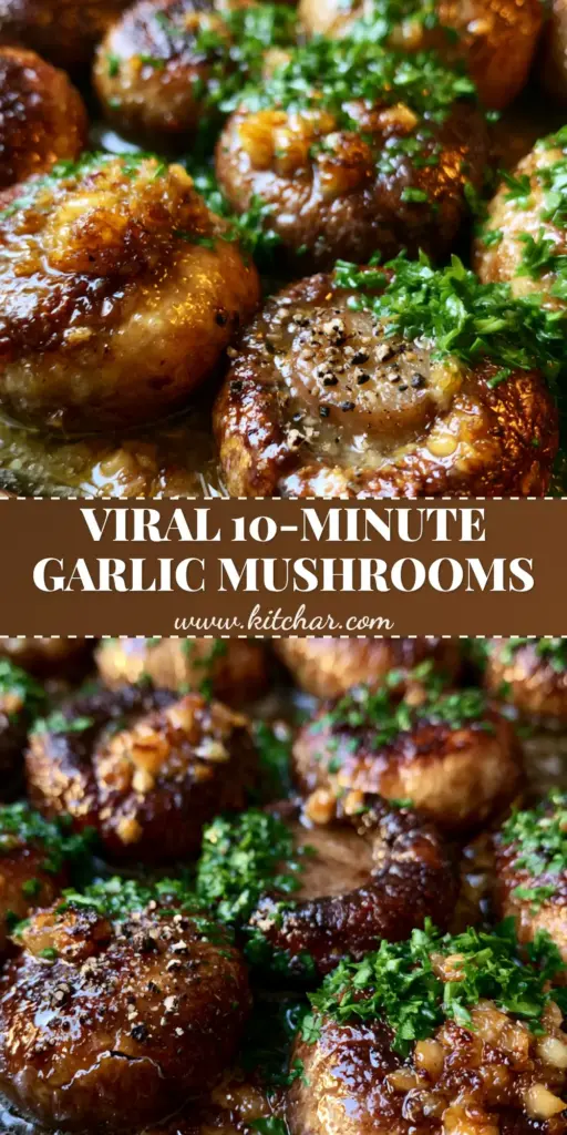 A vertical Pinterest pin showing a close-up of sautéed cremini mushrooms in a cast iron skillet with garlic butter and parsley. (sautéed mushroom recipes)