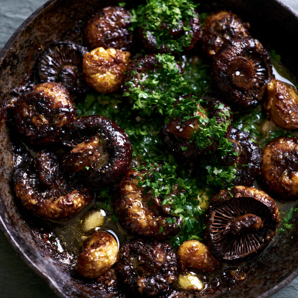 Garlic Mushrooms with Smashed Garlic and Golden Butter Glaze 2 Extreme close-up of seared cremini mushrooms with mahogany edges and shimmering garlic butter. (garlic mushrooms)