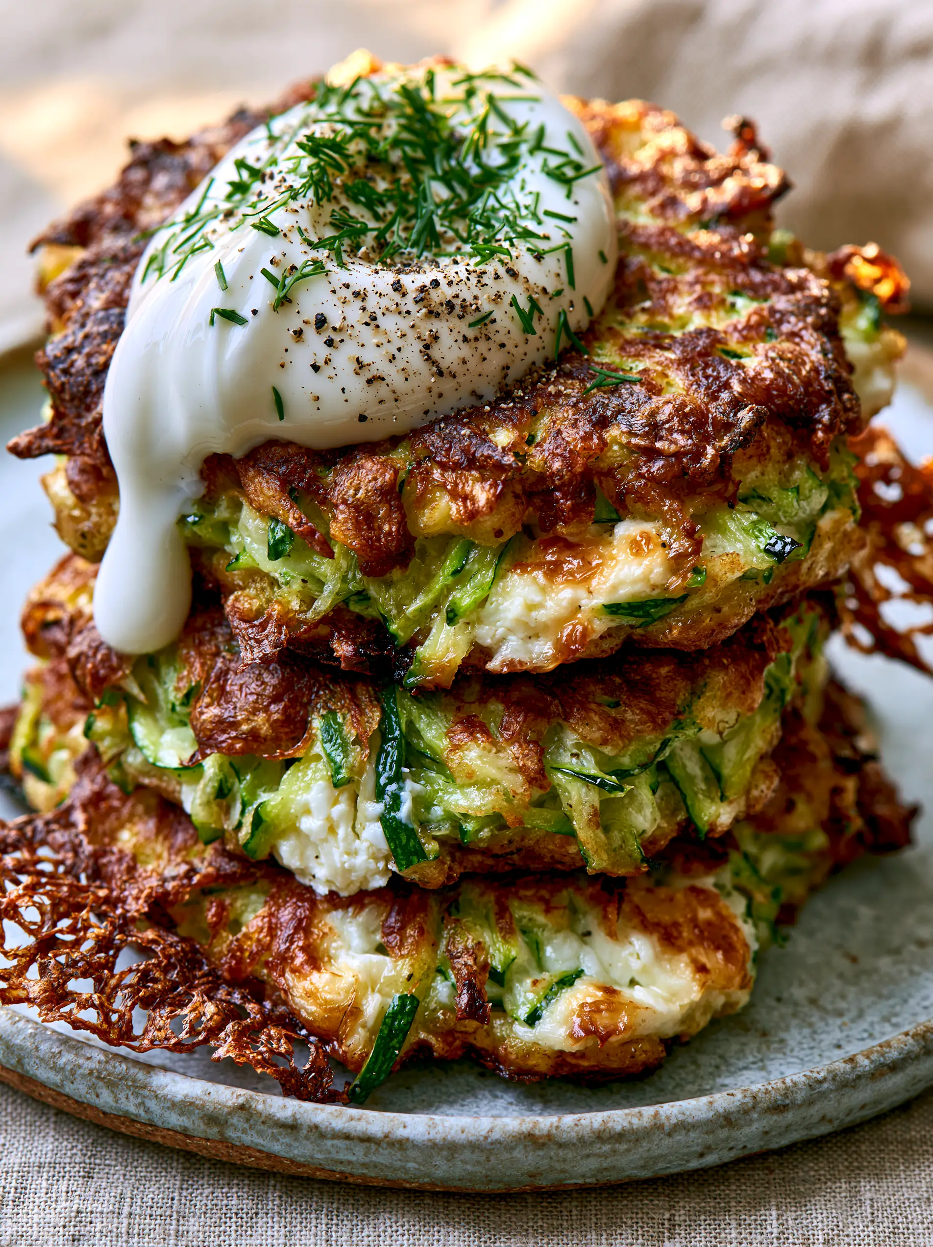 Macro close-up of jagged crispy edges on a pan-seared zucchini fritter showing green strands. (Zucchini fritters recipe)