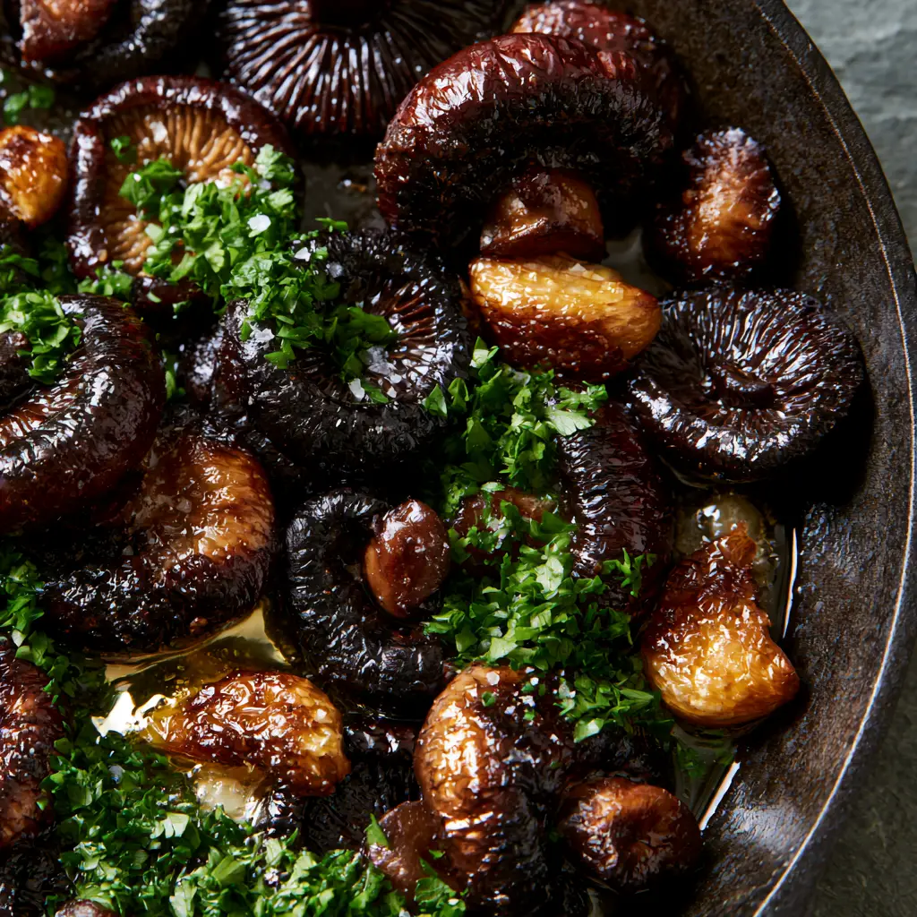 Garlic Mushrooms with Smashed Garlic and Golden Butter Glaze 1 Top-down view of garlic mushrooms featuring smashed golden garlic cloves and bright green parsley in a black skillet.