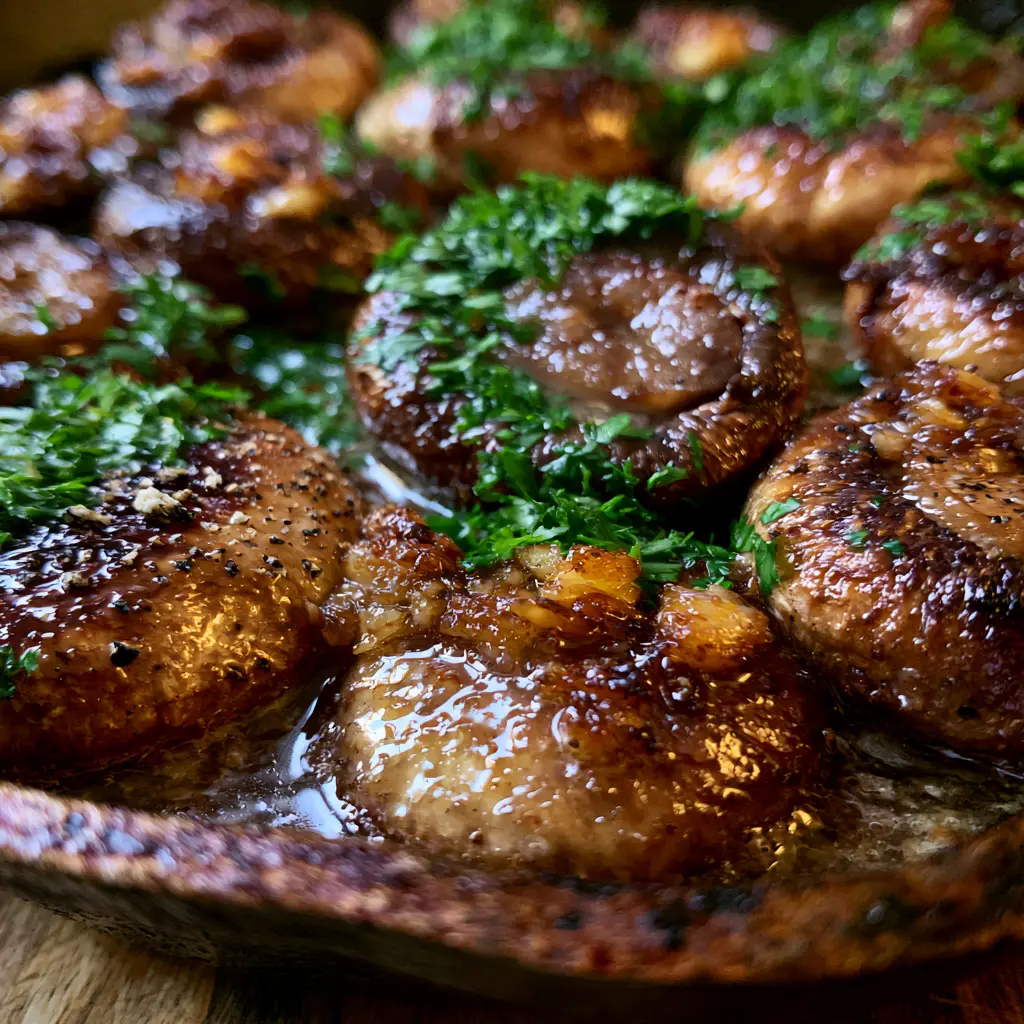 Cremini mushrooms in a cast iron skillet heavily coated in translucent garlic butter and topped with fresh parsley.