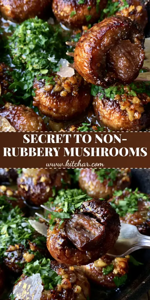 A close-up of seared cremini mushrooms in a cast iron skillet with garlic butter and parsley. (Easy mushroom recipes)