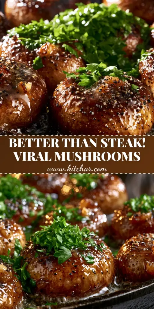 A seasoned black cast iron skillet filled with golden-brown seared whole cremini mushrooms glazed in garlic butter and topped with fresh parsley. (Cowboy mushroom recipe)