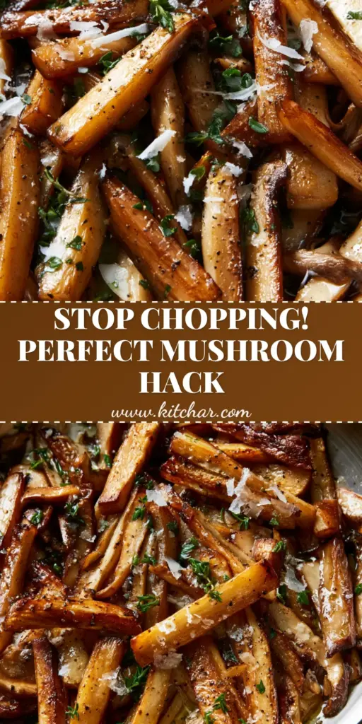A top-down macro shot of perfectly julienned cremini and shiitake mushrooms in a brushed stainless steel skillet with golden-brown edges. (Mushroom Julienne)