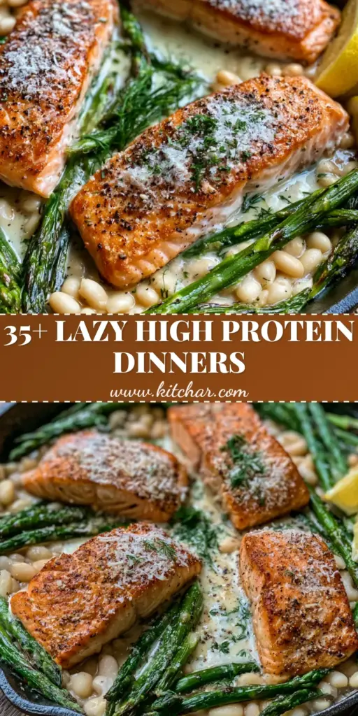 A top-down view of a cast iron skillet with three crispy salmon fillets, asparagus, and beans representing high protein high fiber dinners.