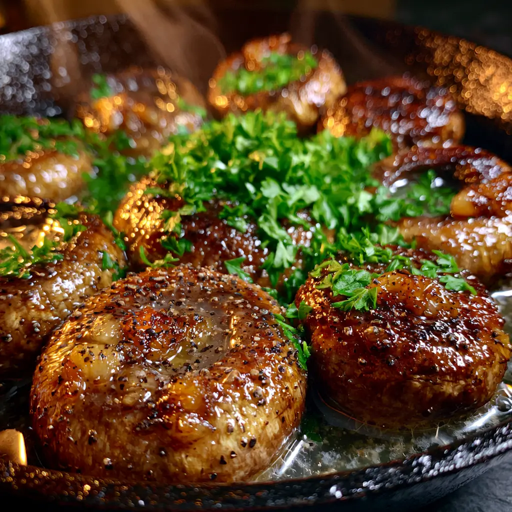 Shimmering translucent garlic butter pooling in the crevices of seared mushrooms in a cast iron pan.