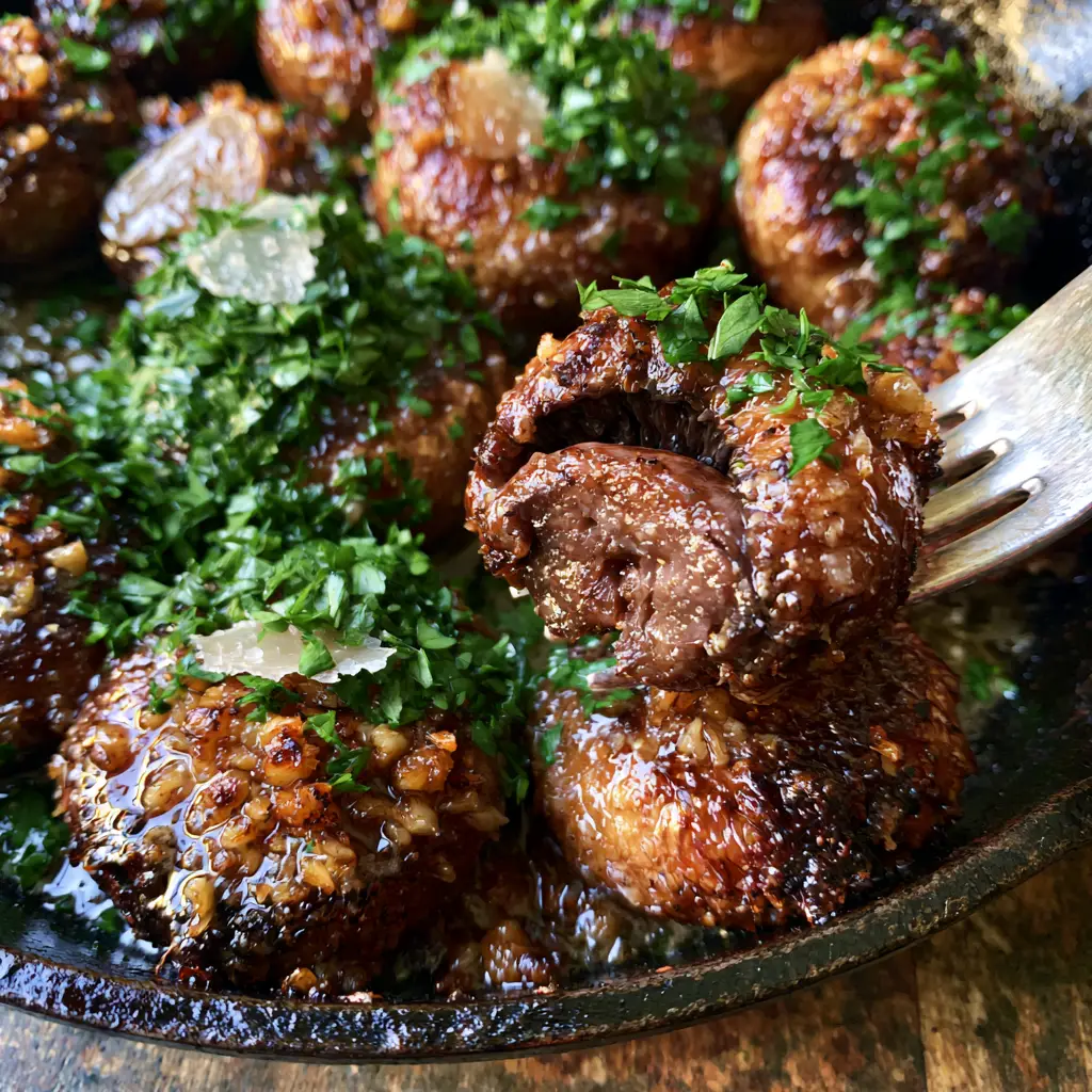 Juicy interior cross-section of a seared cremini mushroom on a silver fork. (Easy mushroom recipes)