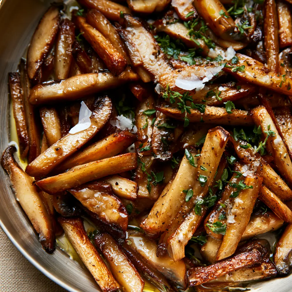 Julienned mushrooms in a stainless steel skillet seasoned with thyme and flaky Maldon sea salt.