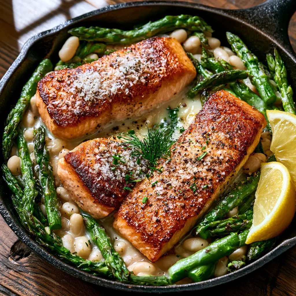A rustic wooden table setting featuring a salmon skillet with micro-planed parmesan and fresh dill.