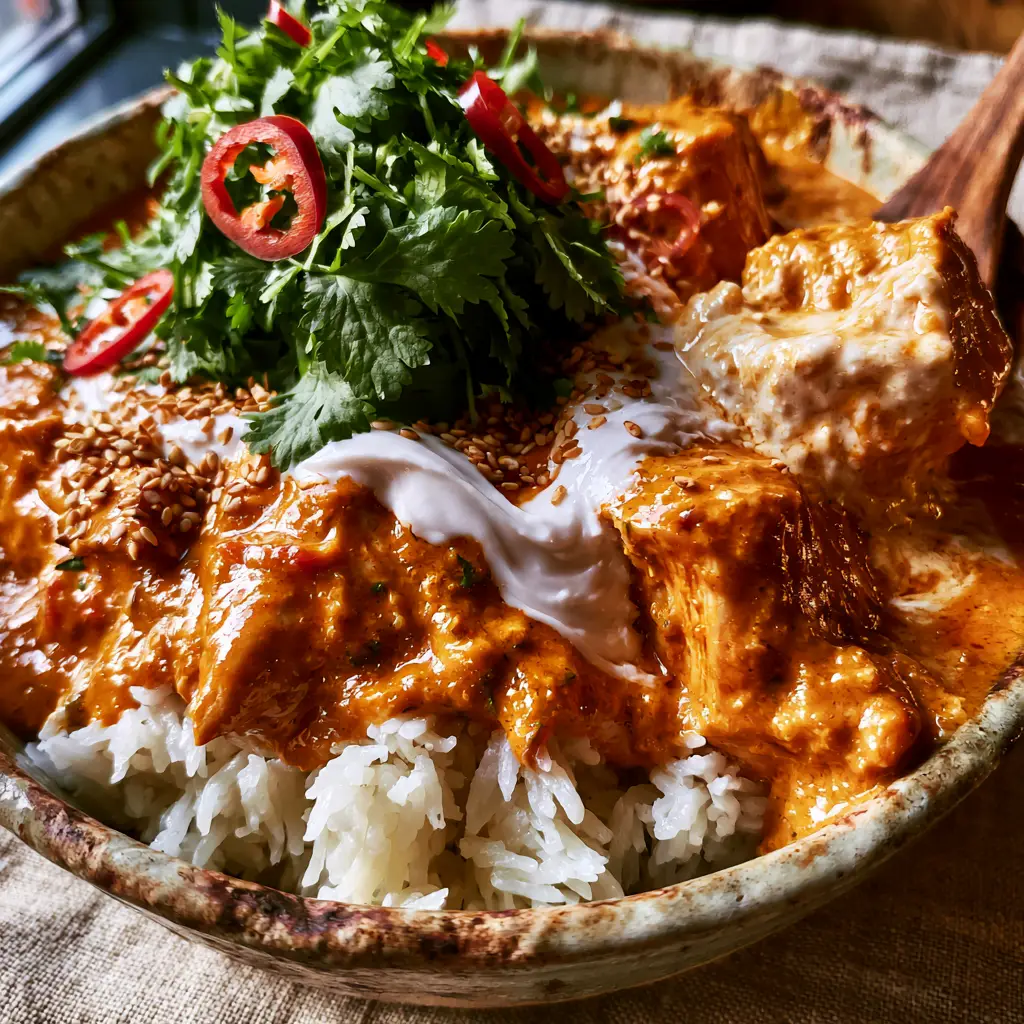 Rustic bowl of coconut curry chicken with a wooden spoon lifting a creamy bite.