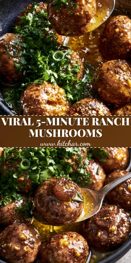 Ranch Mushrooms: The Ultimate Garlic Butter Side Dish 4 A top-down shot of ranch mushrooms in a black bowl with a spoon lifting one glistening mushroom. (ranch mushrooms)