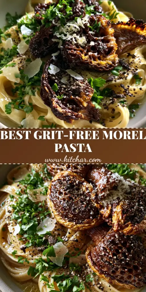 A top-down view of morel pasta featuring silky fettuccine in a glossy garlic butter sauce topped with charred honeycomb morel mushrooms and micro-planed parmesan.