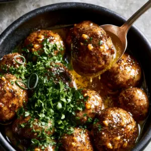 Extreme close-up of whole baby bella mushrooms coated in a glossy golden garlic-butter ranch glaze. (ranch mushrooms)