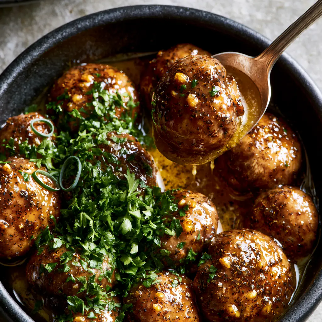 Ranch Mushrooms: The Ultimate Garlic Butter Side Dish 2 Extreme close-up of whole baby bella mushrooms coated in a glossy golden garlic-butter ranch glaze. (ranch mushrooms)