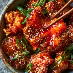 Top-down view of golden-brown craggy oyster mushrooms in a vibrant red-orange glaze. (sweet and sour mushroom recipe)