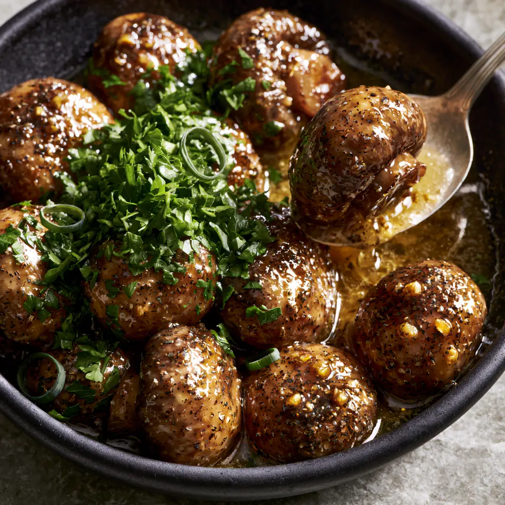 Ranch Mushrooms: The Ultimate Garlic Butter Side Dish 1 A rustic matte black bowl filled with butter-simmered ranch mushrooms garnished with fresh parsley and chives. (ranch mushrooms)