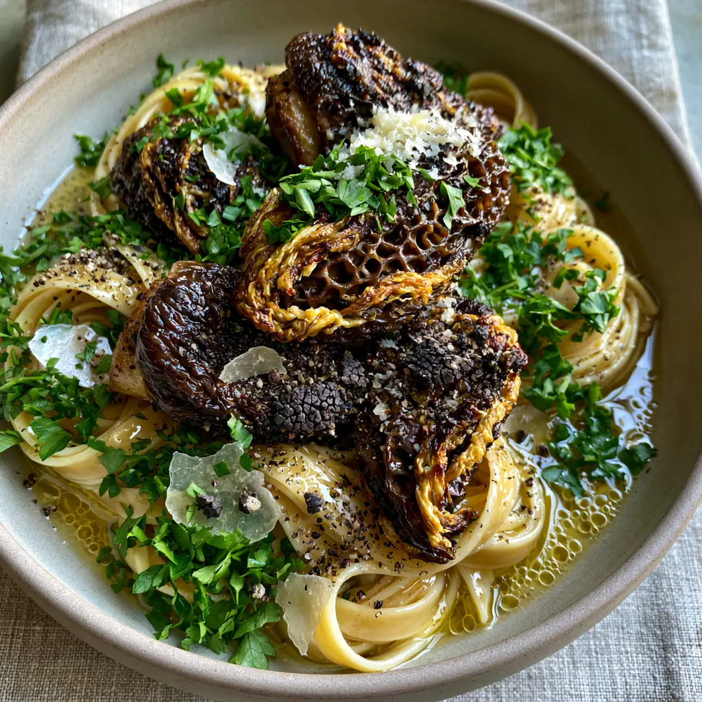Silky fettuccine morel pasta garnished with fresh parsley and a snowfall of parmesan cheese.