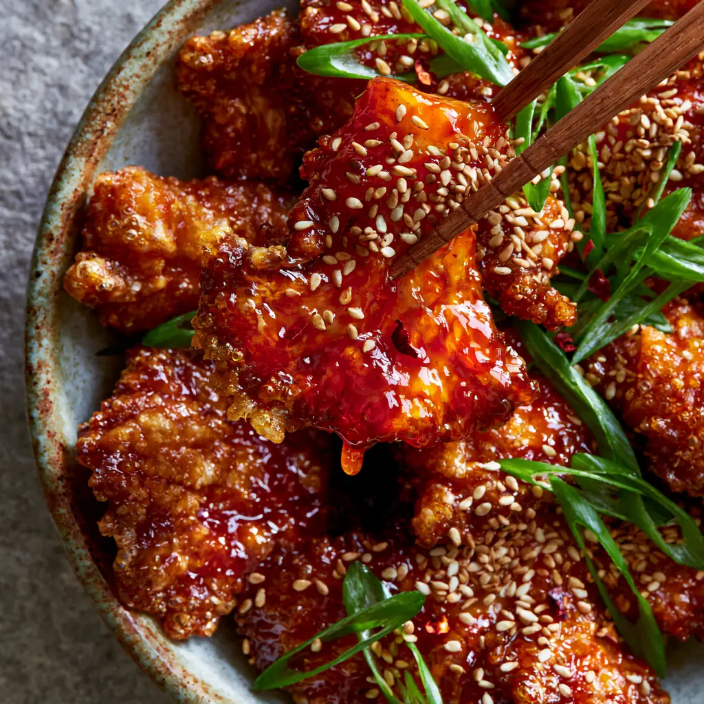 Sweet and Sour Mushroom Recipe: The Ultimate Crispy Double-Battered Oyster Mushrooms 1 A pair of wooden chopsticks lifting a glossy, sauce-coated mushroom from a rustic bowl. (sweet and sour mushroom recipe)