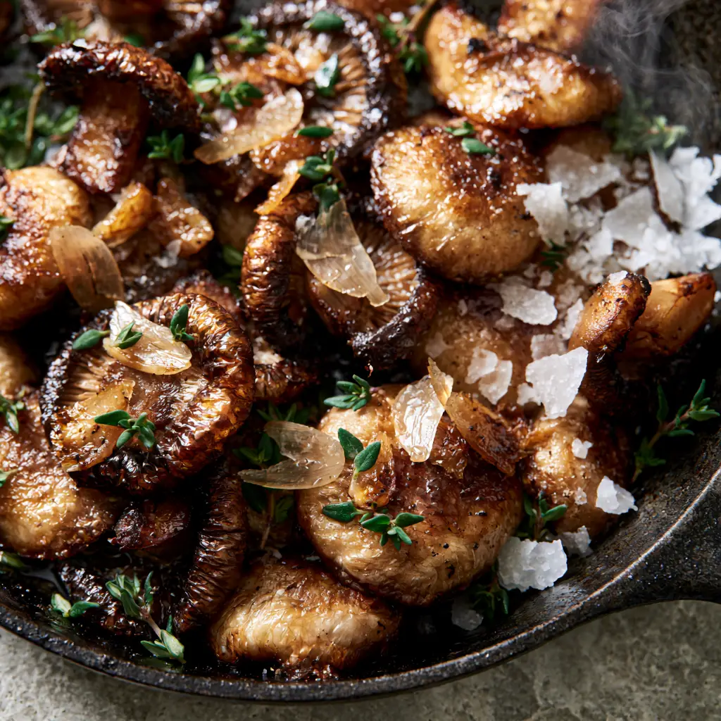 Healthy Mushroom Recipes: The Ultimate Seared Garlic and Thyme Pan-Fry 2 Macro shot of crispy golden-brown seared cremini and shiitake mushrooms with toasted garlic slivers. (Healthy Mushroom Recipes)