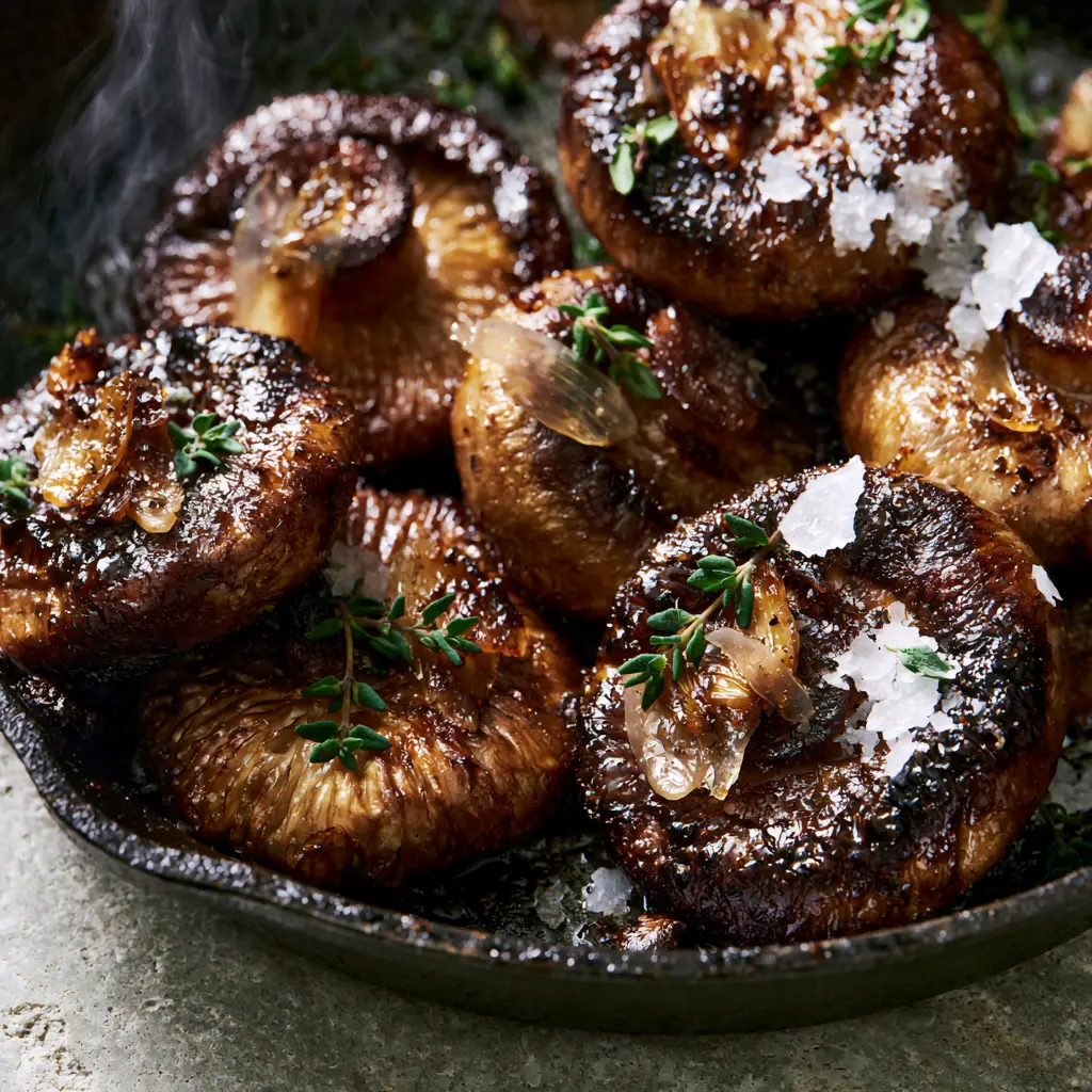 Healthy Mushroom Recipes: The Ultimate Seared Garlic and Thyme Pan-Fry 1 45-degree close-up of seared mushrooms in a seasoned black cast iron skillet with steam rising.