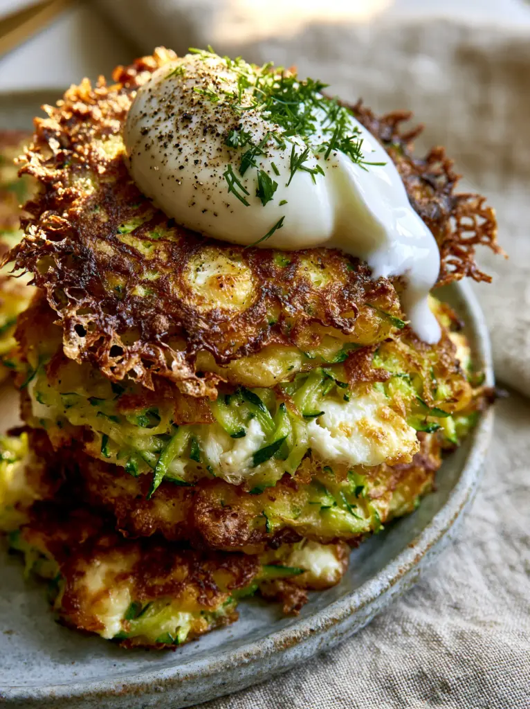 A thick dollop of Greek yogurt melting over a stack of golden-brown zucchini fritters with fresh dill.