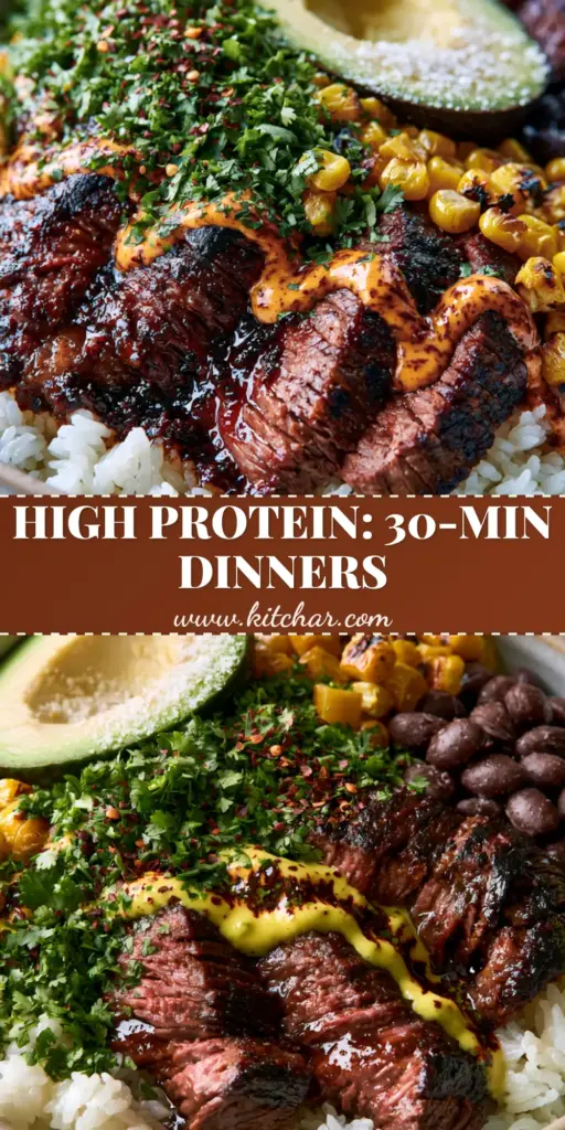 High Protein Dinners: The Ultimate Seared Flank Steak and Black Bean Power Bowl 4 A ceramic bowl featuring seared flank steak strips, charred corn, and avocado for high protein dinners.