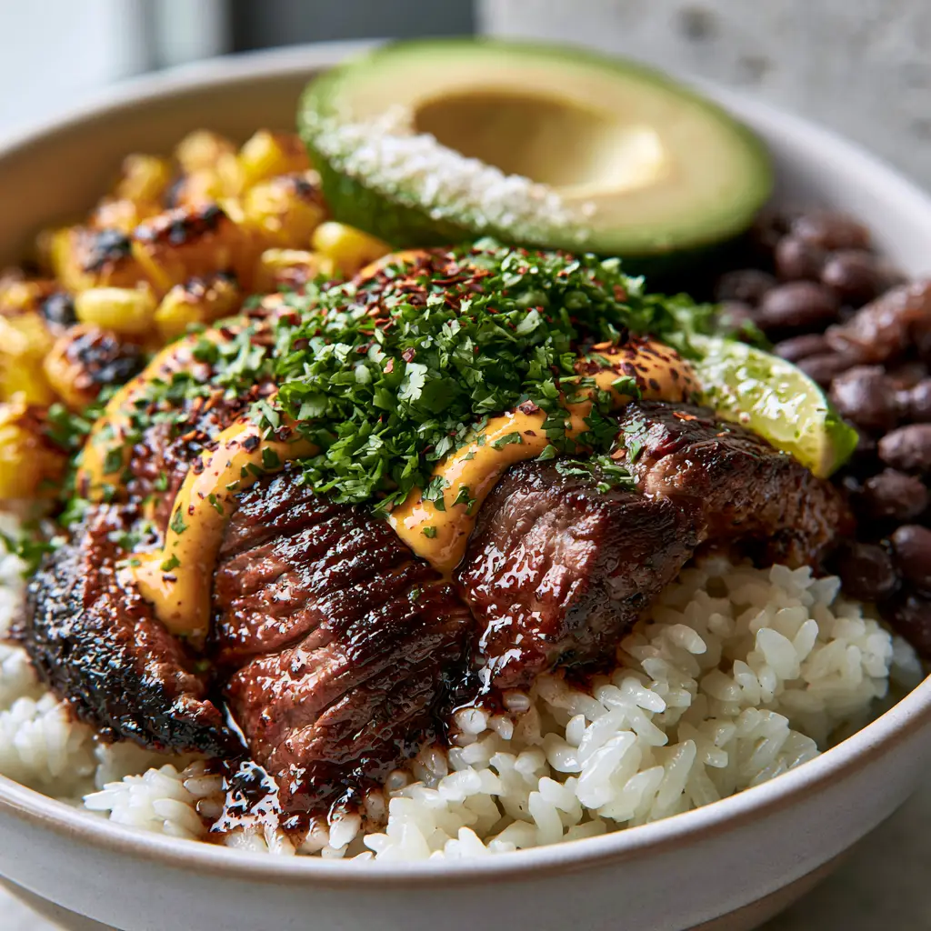 High Protein Dinners: The Ultimate Seared Flank Steak and Black Bean Power Bowl 2 Macro shot of seared steak strips with glistening juices and chipotle crema for high protein dinners.