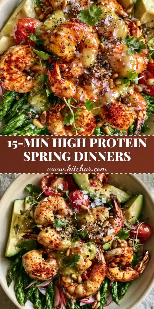 High Protein Spring Dinners: Seared Tiger Shrimp and Asparagus Gourmet Bowls 4 A top-down gourmet high protein spring dinner bowl with charred tiger shrimp, asparagus, and avocado in a cream stoneware bowl. (high protein spring dinners)