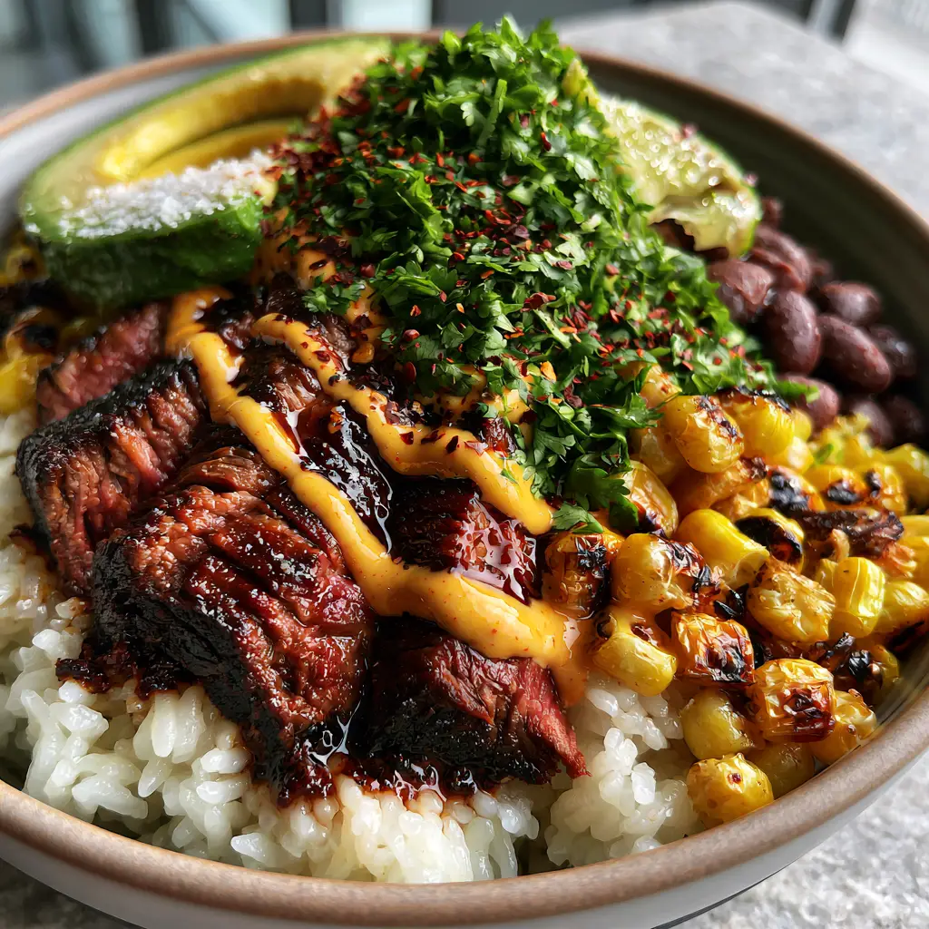 High Protein Dinners: The Ultimate Seared Flank Steak and Black Bean Power Bowl 1 Overhead view of a power bowl with avocado, black beans, and charred corn as part of high protein dinners.