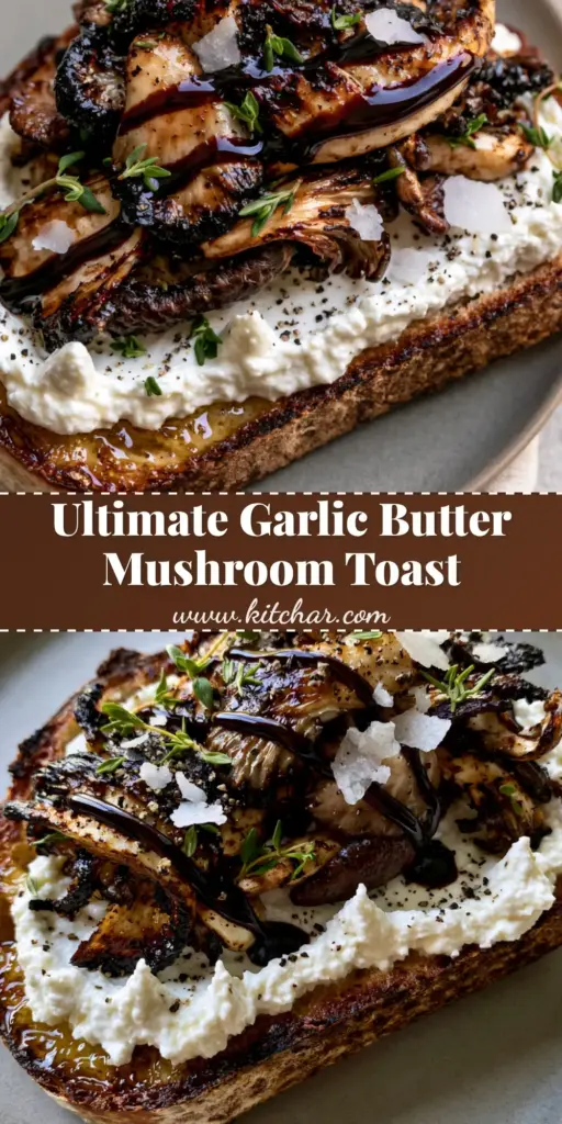 Mushroom Toast with Creamy Ricotta and Balsamic Glaze 3 A close-up overhead view of a thick slice of sourdough Mushroom Toast topped with creamy ricotta, charred oyster and shiitake mushrooms, and a balsamic glaze drizzle.