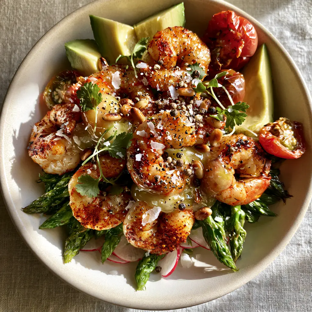 High Protein Spring Dinners: Seared Tiger Shrimp and Asparagus Gourmet Bowls 2 Close-up of seared jumbo tiger shrimp with charred edges and smoked paprika for high protein spring dinners. (high protein spring dinners)