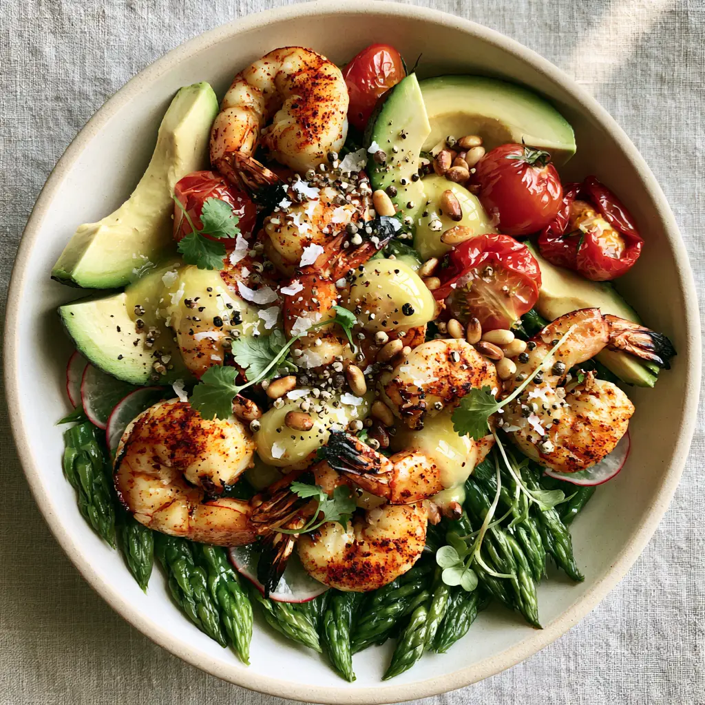 High Protein Spring Dinners: Seared Tiger Shrimp and Asparagus Gourmet Bowls 1 Gourmet spring bowl arrangement with blanched asparagus, shaved radishes, and blistered tomatoes.